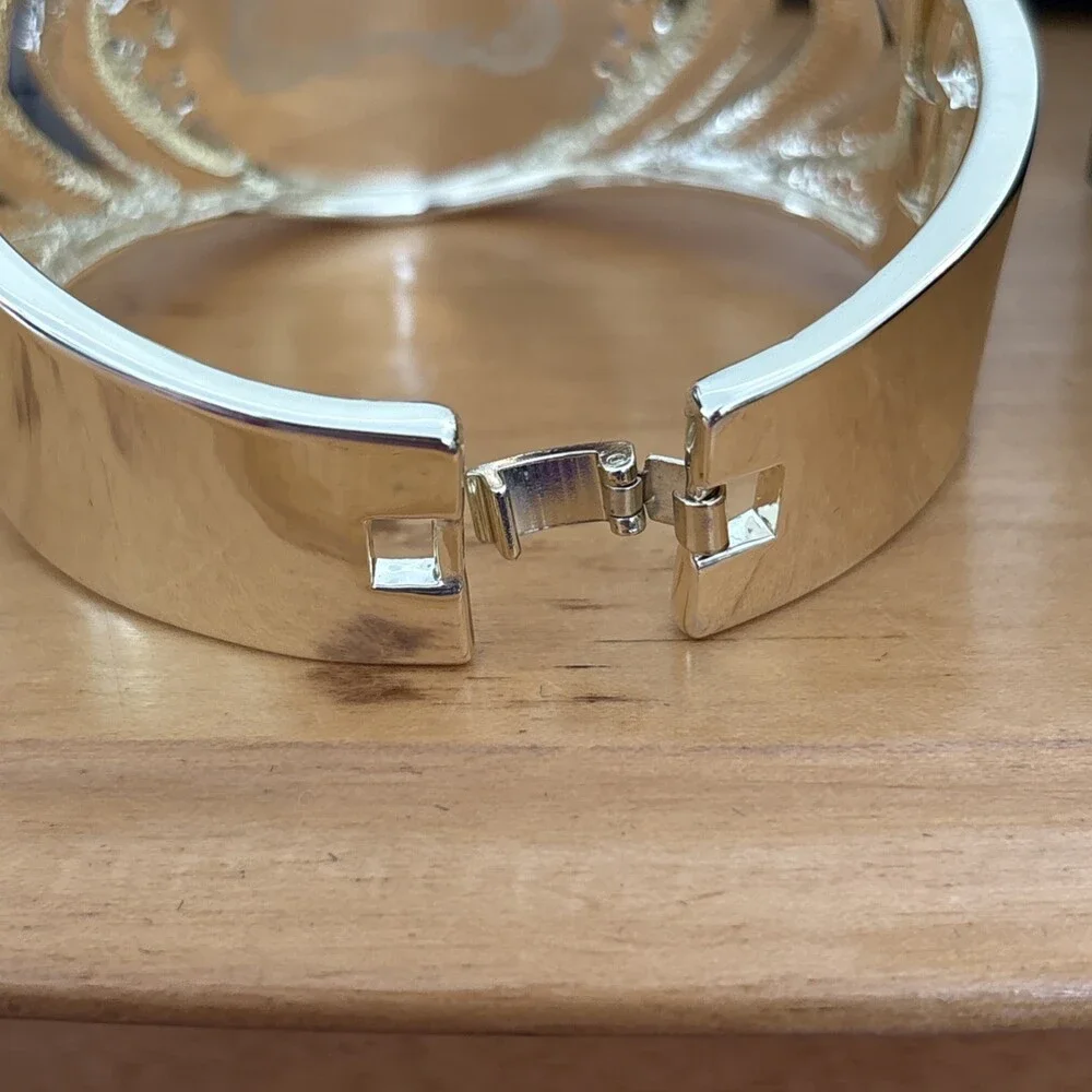 Amedeo NYC Cameo Shell Crystal Hinged Chunky Wide Gold Bangle Bracelet 6.5-7